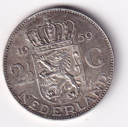 2 1/2 Gulden 1959 Zeer Fraai met Patina, Koningin Juliana, Verzenden, Zilver, Losse munt