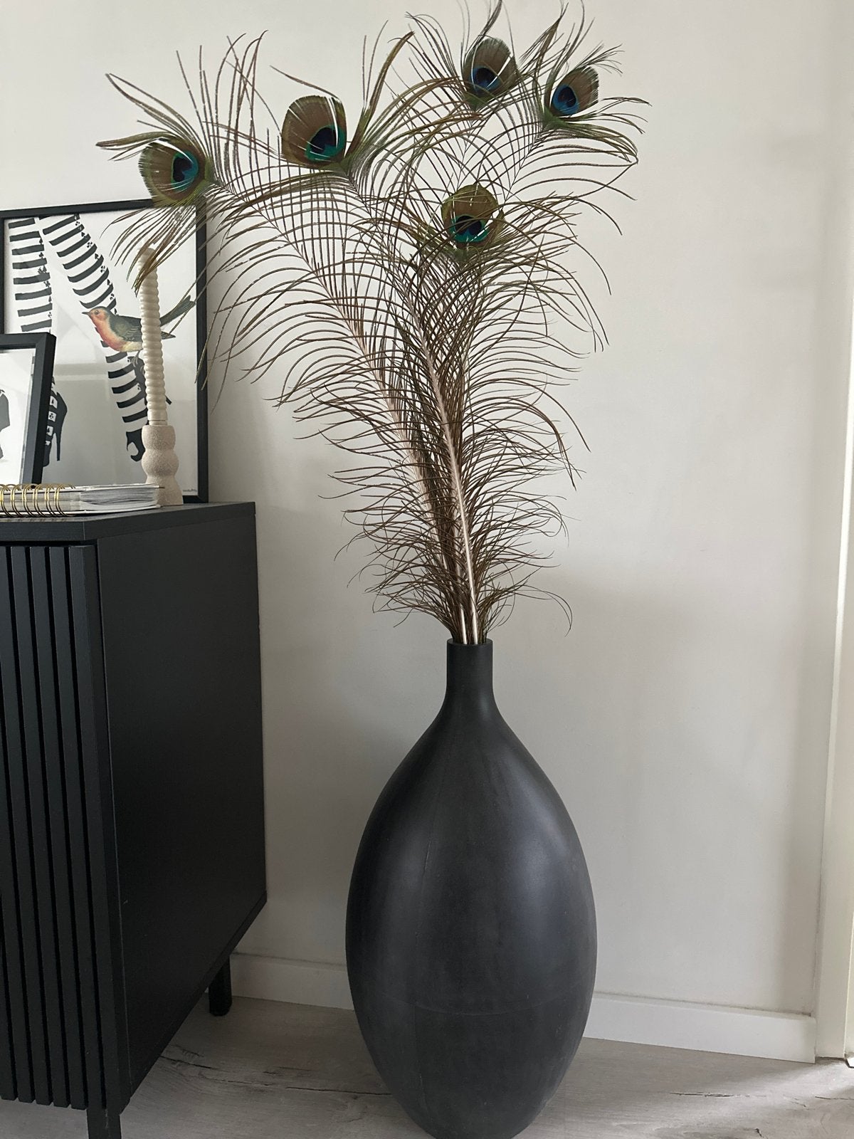 Grote kunststof vaas met pauwenveren, Ophalen, Kunststof, Zwart, Inclusief decoratie