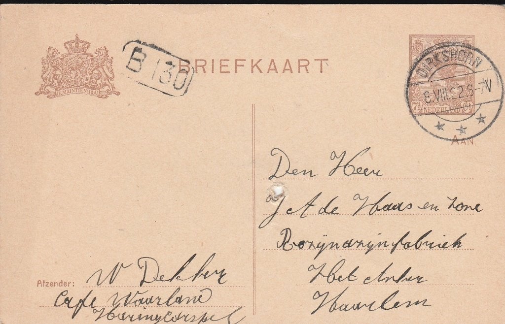 WAARLAND 1932 Cafe WAARLAND bestelt een anker AZIJN, Verzamelen, Ophalen of Verzenden, 1920 tot 1940, Gelopen, Noord-Holland