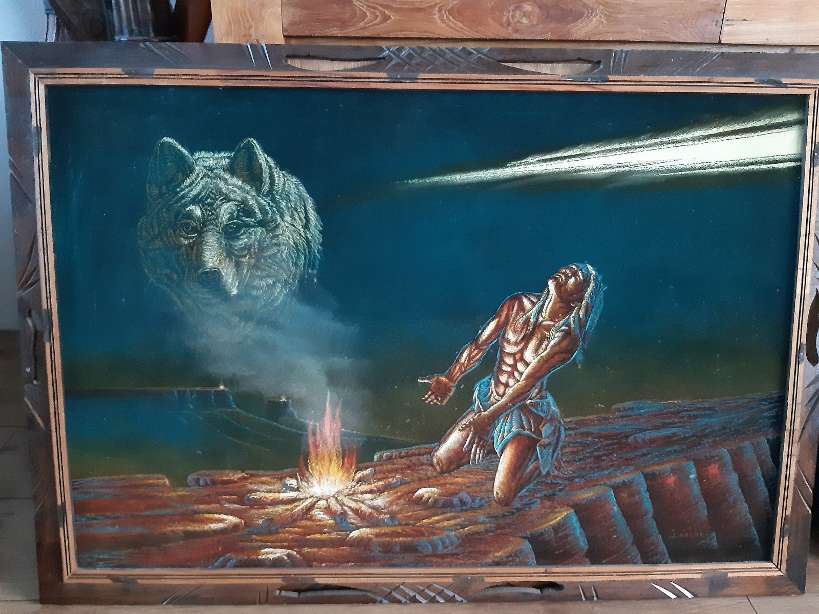 Schilderij: Indiaan, wolf en kampvuur van sanchez, Ophalen