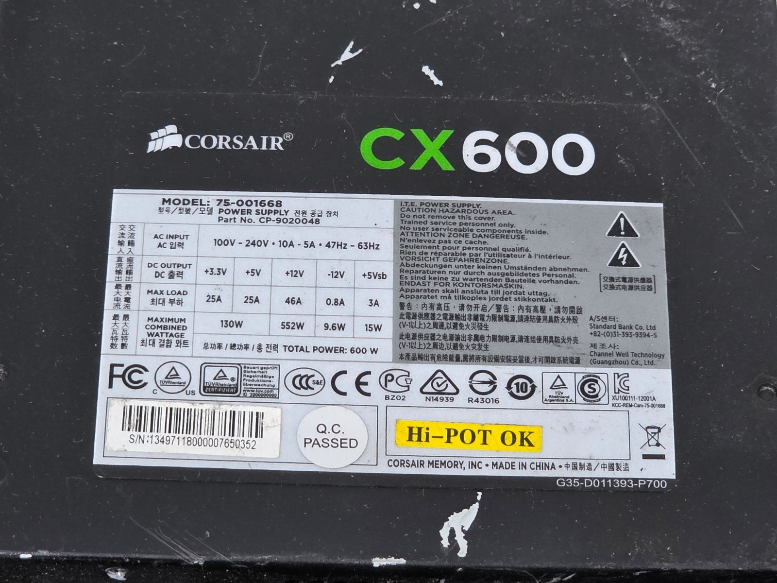 Corsair 600w max voeding psu power supply cx600 75-001688, Gebruikt, ., Ophalen of Verzenden, .