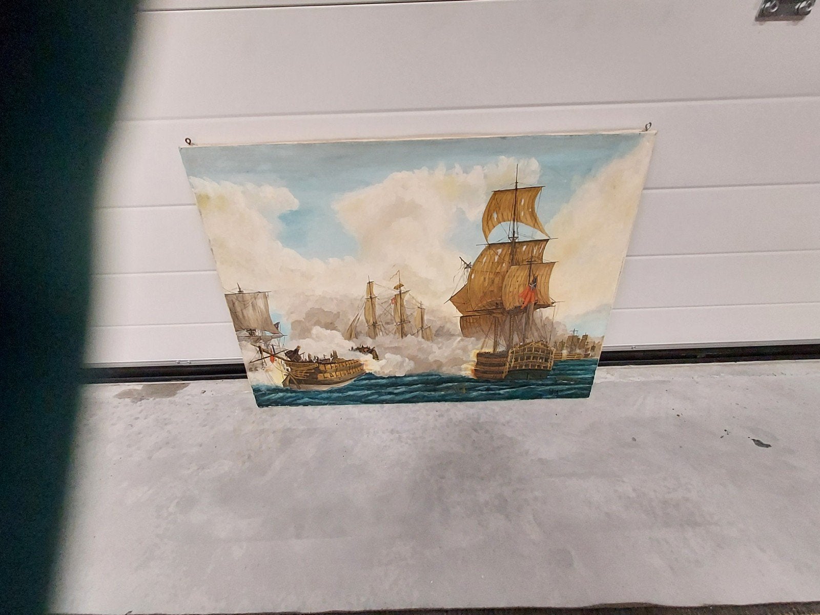 Maritiem schilderij vechtende zeilschepen op linnen., Ophalen of Verzenden, Gesigneerd, Maritiem / water