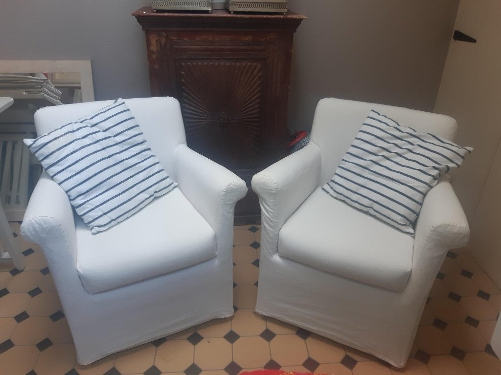 Compacte fauteuils met stoffen bekleding (2 stuks), Ophalen, Hout, Gebruikt, Minder dan 75 cm