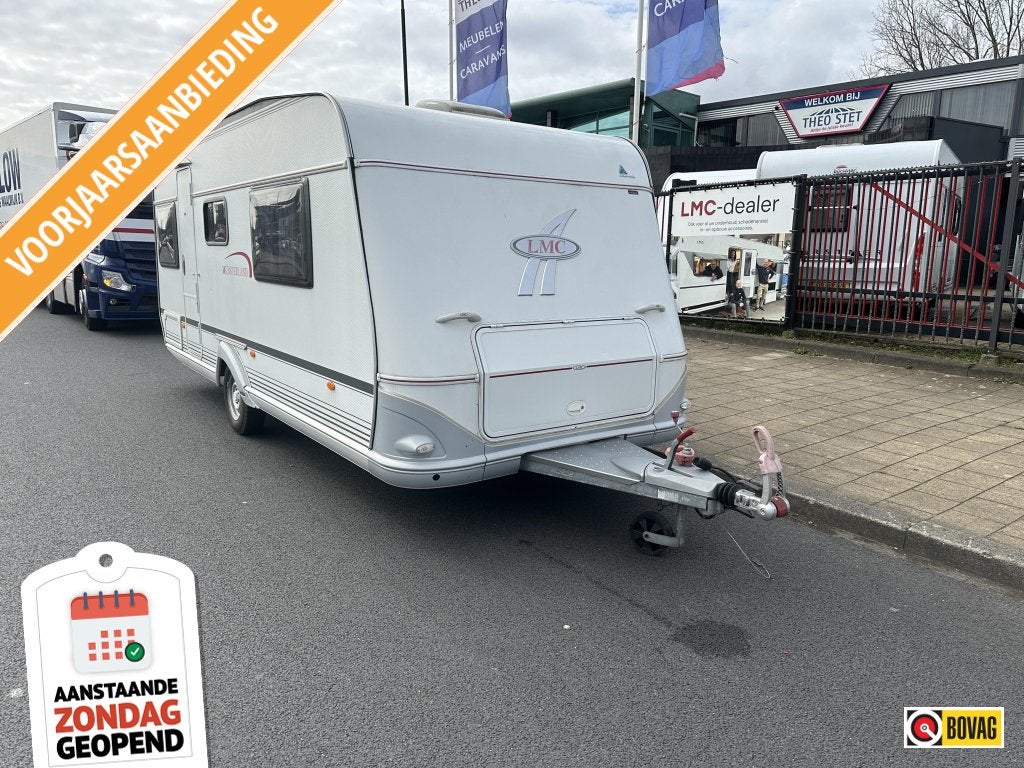 LMC Munsterland 485 D Queensbed, Voortent, (((Zondag open))), Schokbreker, Bedrijf, Treinzit, 4 tot 5 meter