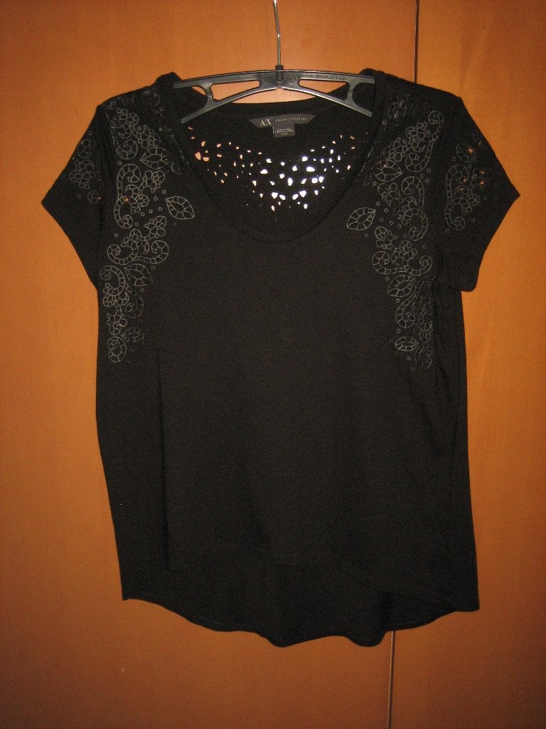 Exclusief zwart broderie-shirt ARMANI EXCHANGE XS snazzeys, Verzenden, Zwart, Nieuw, Korte mouw