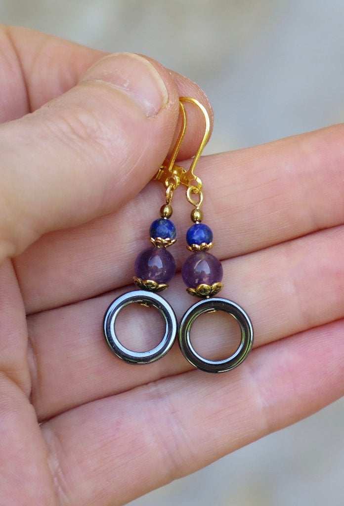 Leuke oorbellen met Hematiet, Amethist en Lapis lazuli., Overige materialen, Hangers, Verzenden, Paars
