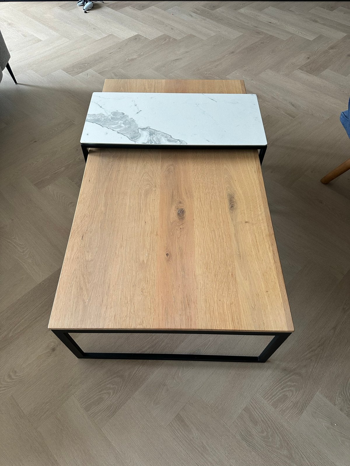 Montel Salontafel Eikenhout incl Overschuiftafel Keramiek, Huis en Inrichting, Ophalen, 100 tot 150 cm, Eikenhout, 50 tot 100 cm