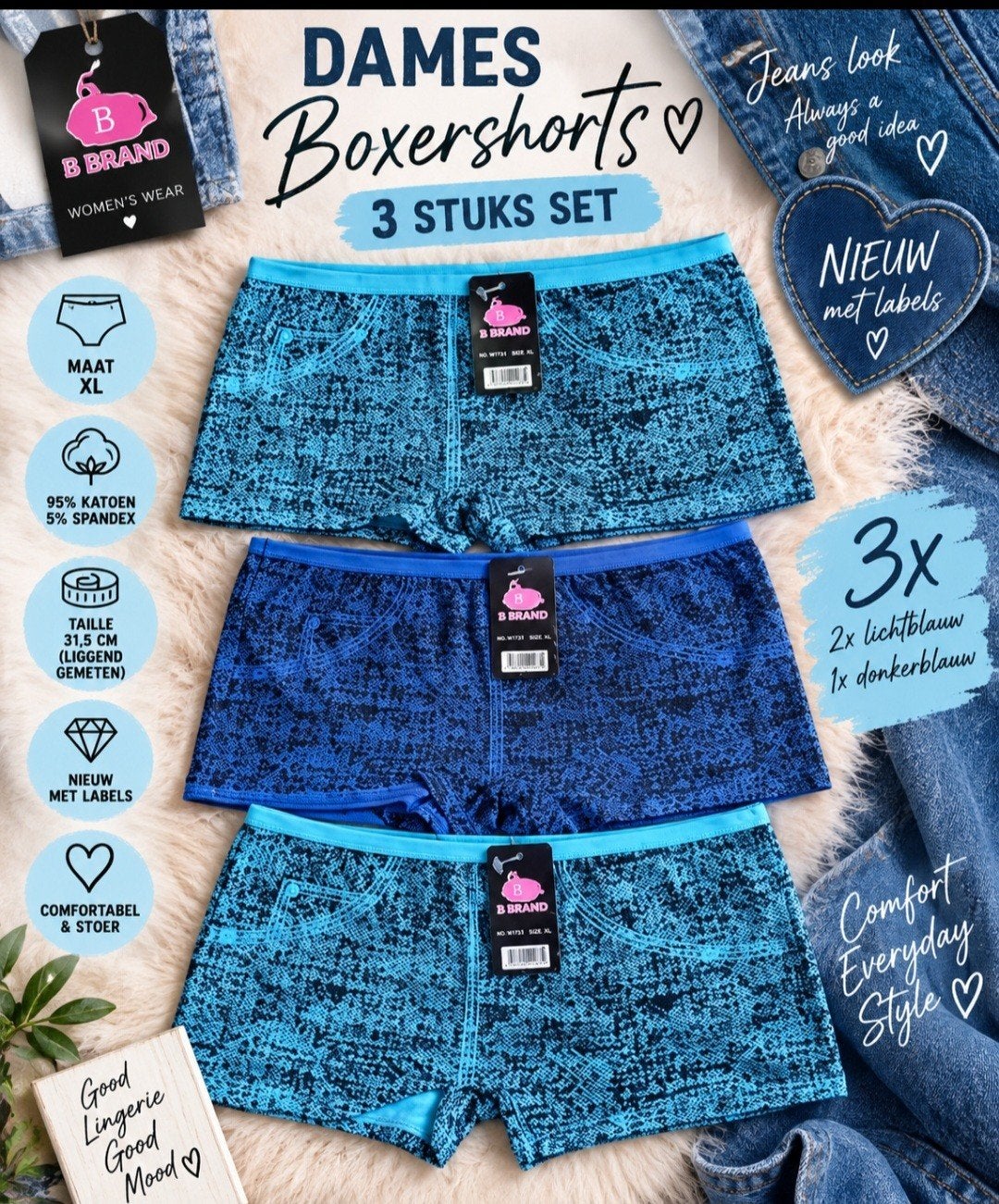 3x NIEUWE Dames Boxershorts - B Brand - Maat XL, B.Brand, Ophalen of Verzenden, Blauw, Broekje of Short