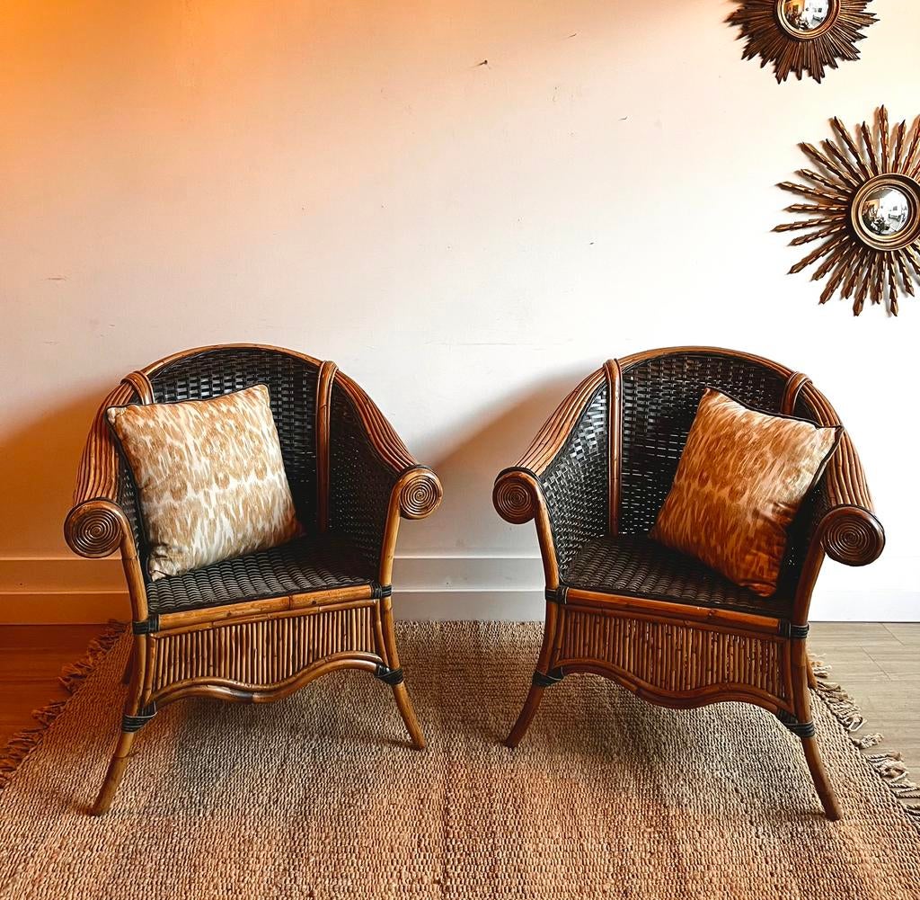 SALE Rotan & Leer fauteuils stoelen Vivai del Sud Vintage, Ophalen, Eenpersoons, Vintage, Zo goed als nieuw
