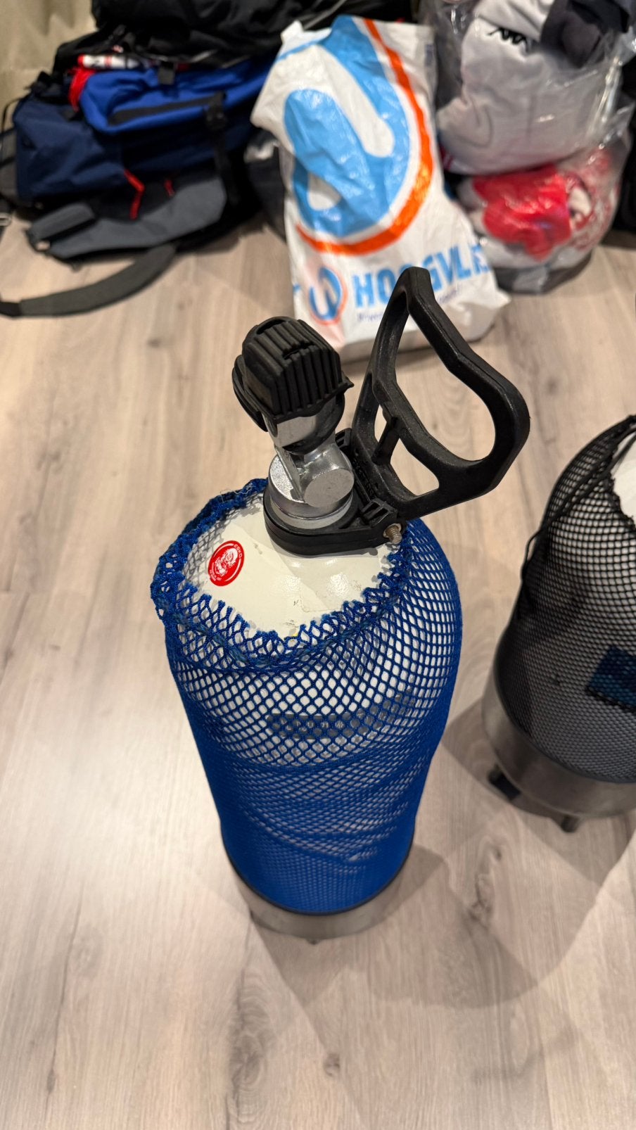 Stalen Duikfles 10L (232 Bar) met Handvat, Blauw Net & Voet, Ophalen, Gebruikt, Duikfles