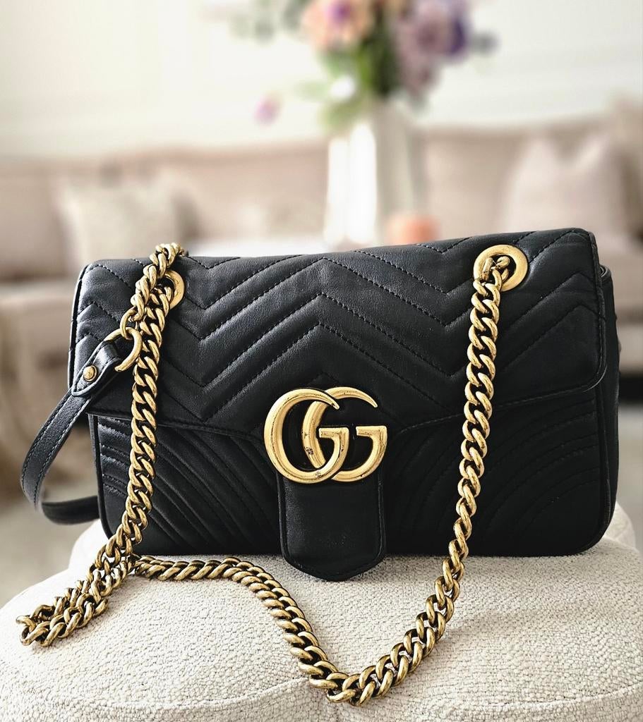 Gucci Marmont Tas Zwart Leer GG – Medium – Origineel, Ophalen of Verzenden, Zwart, Schoudertasje