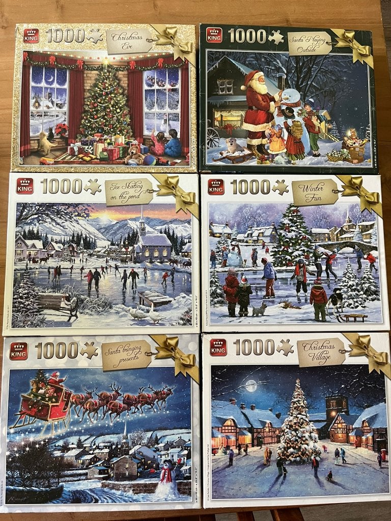 6 leuke kerstpuzzels, 1000 stukjes, merk King, Ophalen of Verzenden, 500 t/m 1500 stukjes, Gebruikt, Legpuzzel