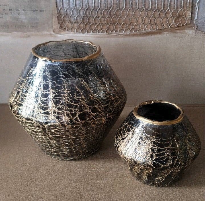 Set van 2 decoratieve vazen met craquelé-effect, Huis en Inrichting, Verzenden, Zo goed als nieuw, Goud, Glas