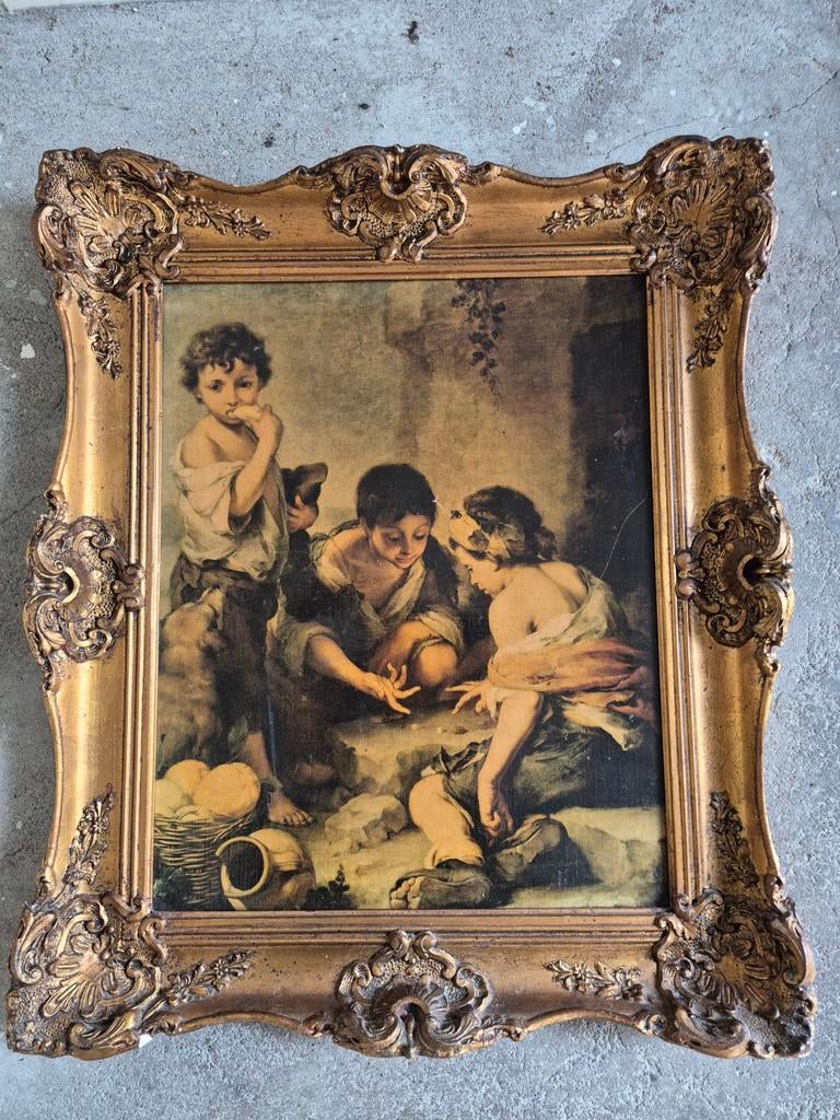 Antieke ingelijste prent 'Jongens dobbelen' Murillo, Antiek en Kunst, Ophalen of Verzenden