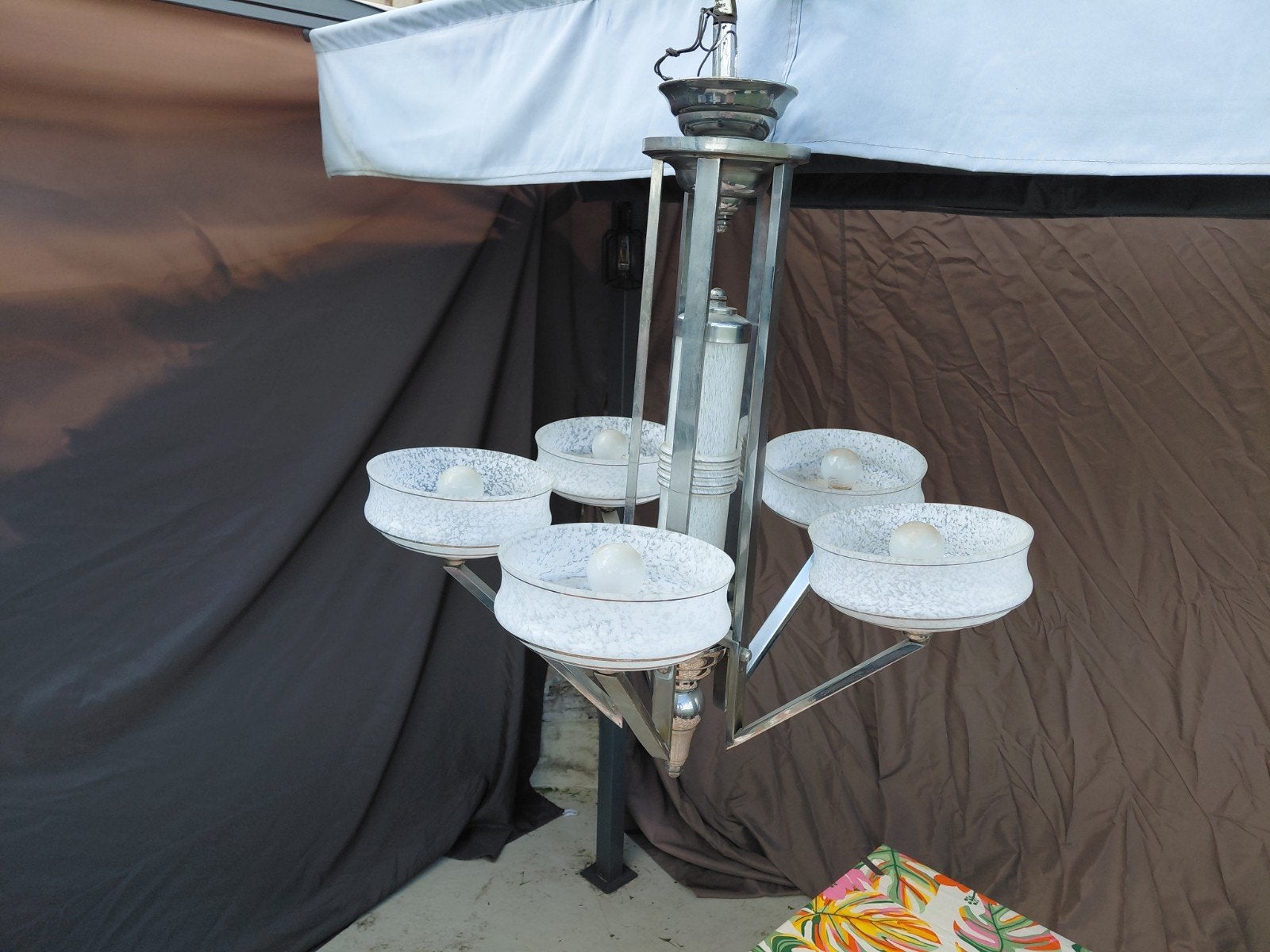 Vintage Art Deco Kroonluchter / hanglamp met 5 Armen, Ophalen, Gebruikt, E27 (groot), Glas