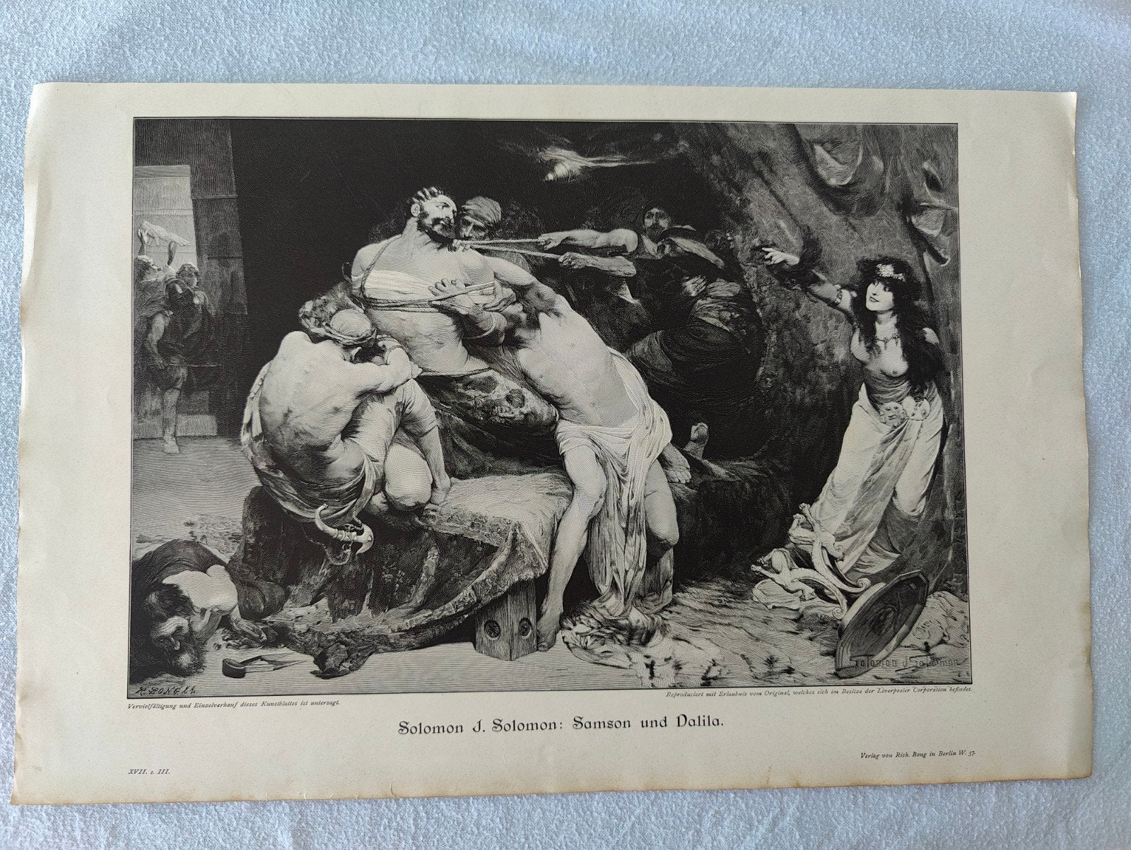 Solomon J. Solomon: Samson en Delila - Antieke Gravure, 1800 - 1899, Met tekst, Religie, Ophalen of Verzenden