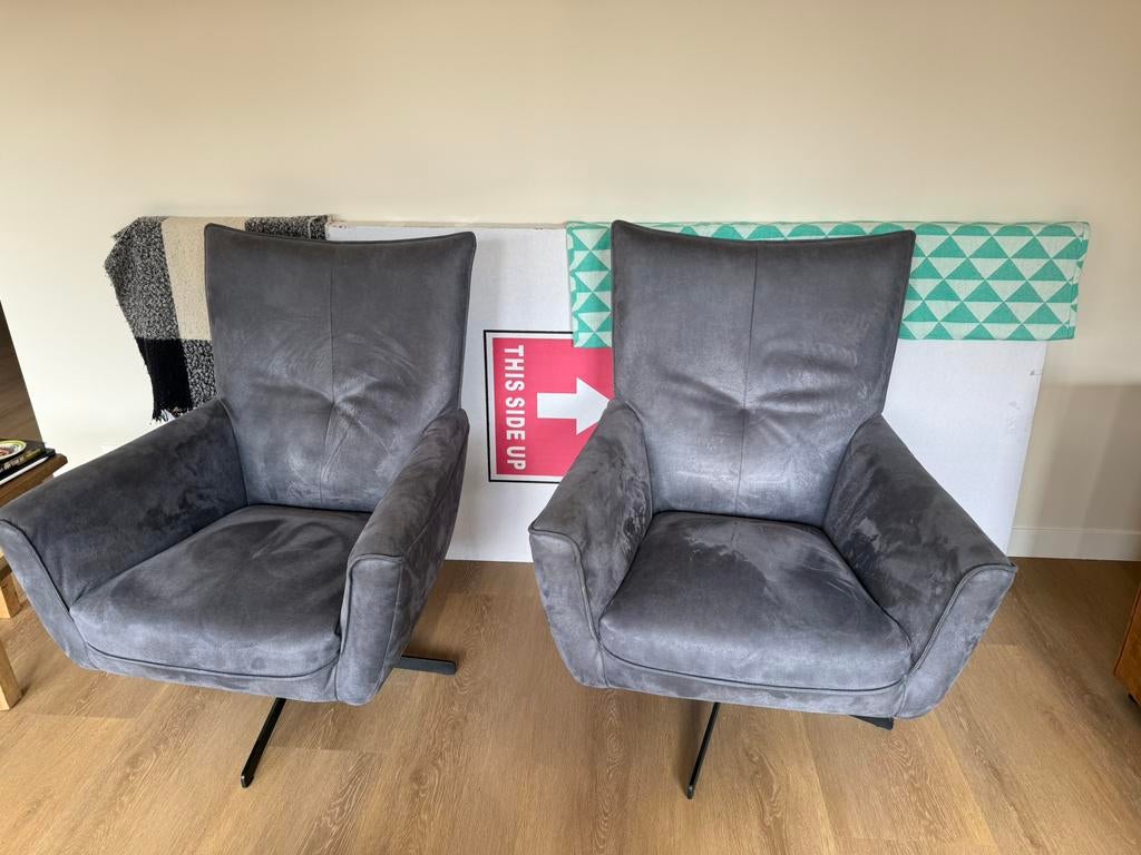 Twee grijze draaifauteuils, Ophalen, Gebruikt, 75 tot 100 cm