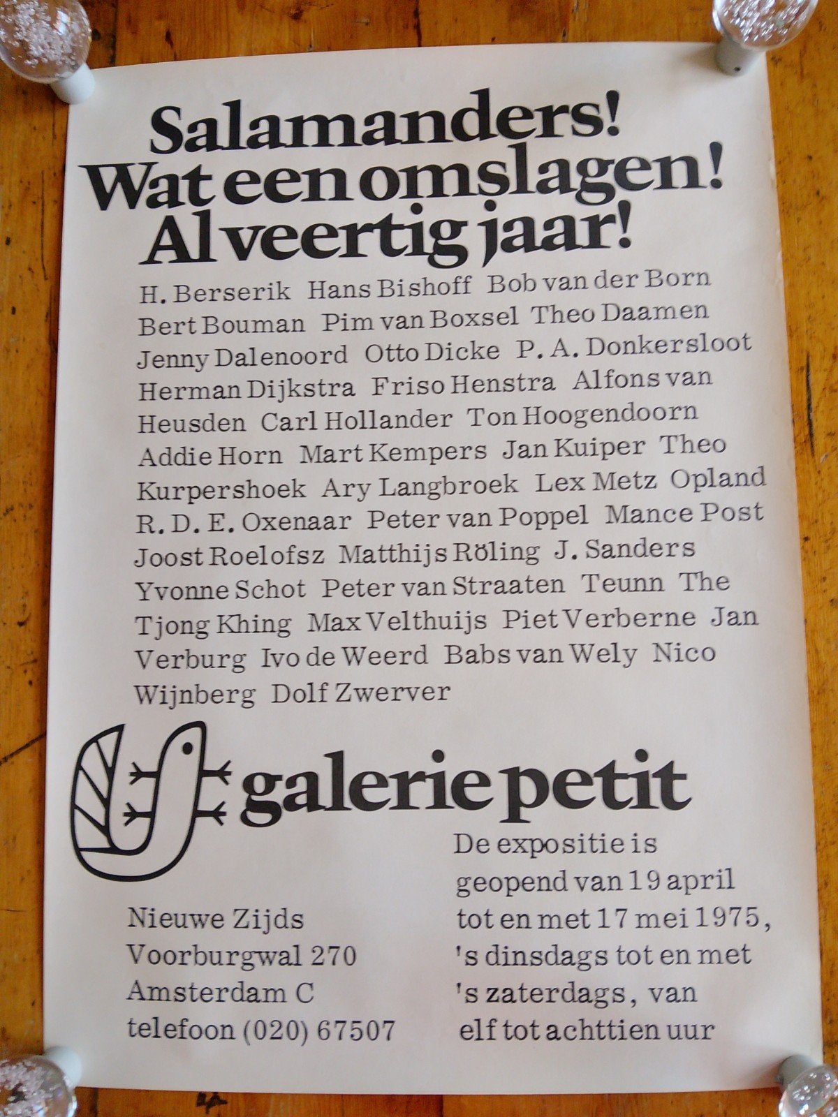 Tentoonstellingsposter Galerie Petit - Salamanders 1975, Rechthoekig Staand, Ophalen of Verzenden, Zo goed als nieuw, A1 t/m A3