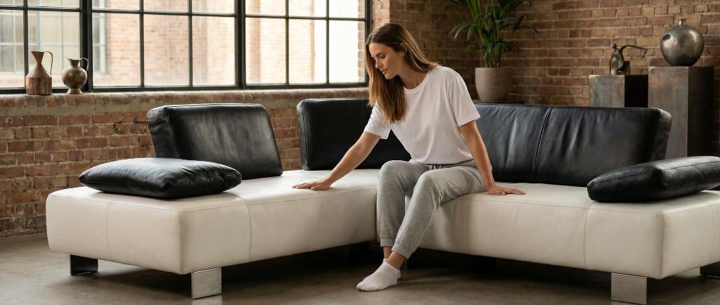 Montèl Witte Leren Hoekbank met Hocker–Gratis Levering, 250 tot 300 cm, Minder dan 75 cm, Hoekbank, Leer