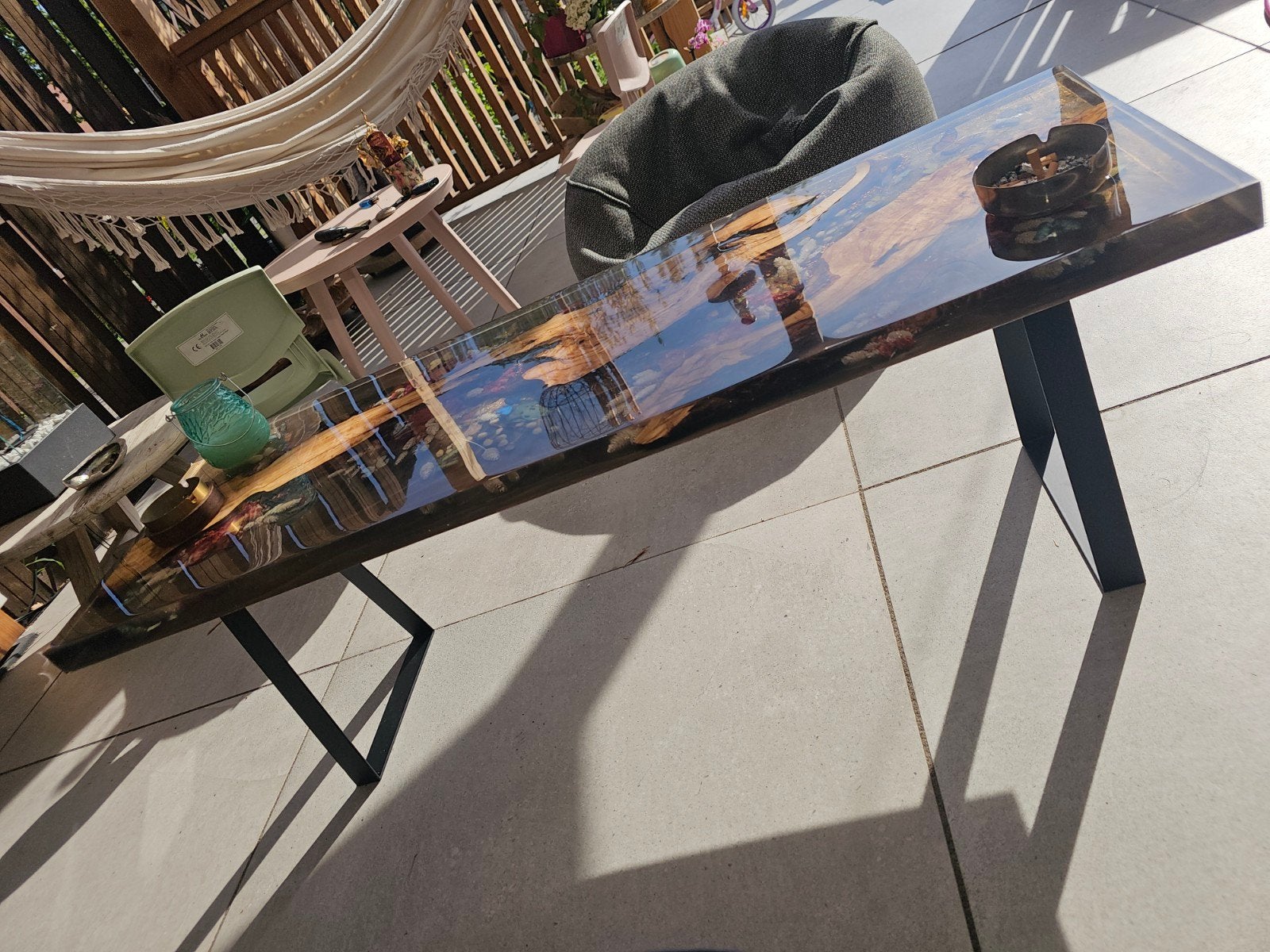 Unieke epoxy tafel met gedroogde bloemen en olijfhout, Ophalen, Minder dan 50 cm, Overige materialen, 100 tot 150 cm