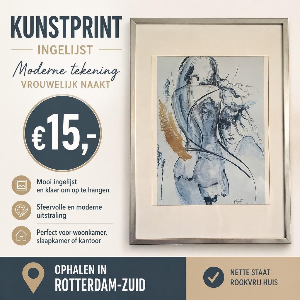 Ingelijste Kunstprint: Moderne Tekening Vrouwelijk Naakt, Ophalen