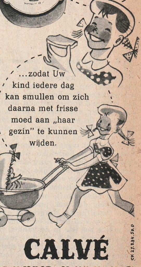 Retro reclame 1955 Calvé pindakaas meisje met poppenwagen, Verzenden, Overige typen
