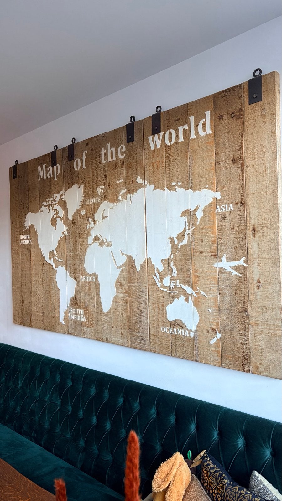 Grote Houten Wereldkaart Wanddecoratie - 3 Panelen, Huis en Inrichting, Ophalen, Gebruikt, Industrieel, Hout
