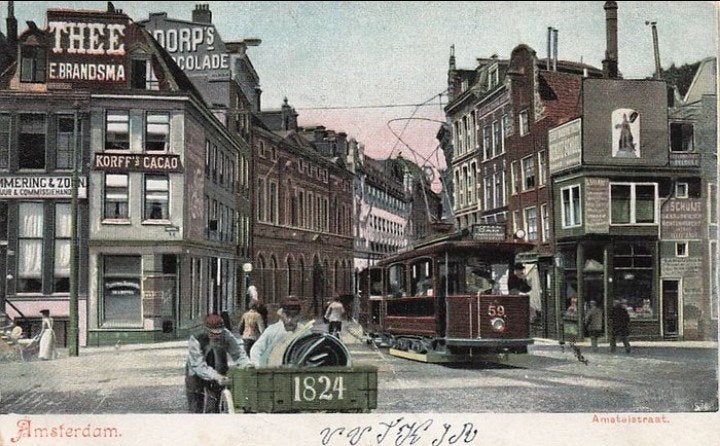 Amsterdam Amstelstraat tram 59 Veel gevelreclame 1905, Verzenden, Voor 1920, Gelopen, Noord-Holland