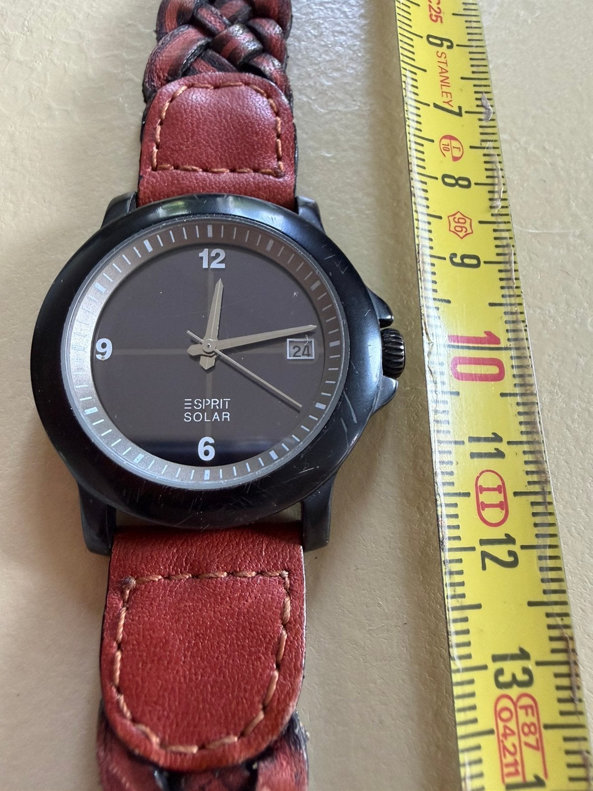 Vintage Esprit Solar dameshorloge zwart, Kunststof, Leer, Ophalen of Verzenden, Zo goed als nieuw
