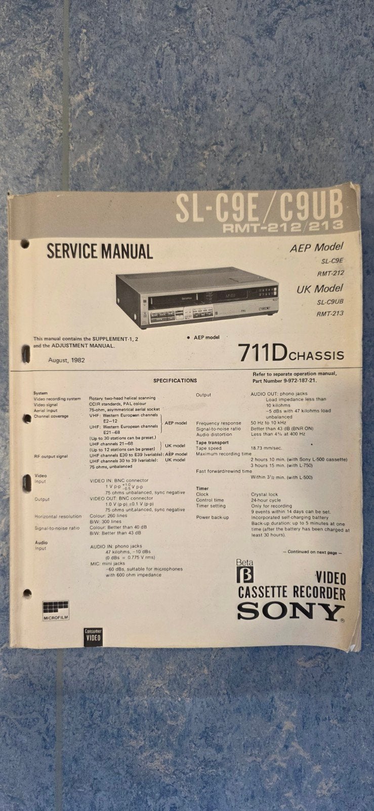 Service Manuals Sony SL-C9E & SL-C7E Videorecorder, Ophalen of Verzenden, Betamax-speler of -recorder