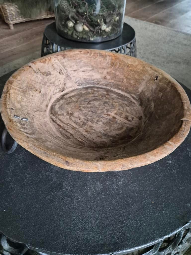 Sober - Landelijk oude houten schaal met 2 metalen ringen, Ophalen of Verzenden, Zo goed als nieuw, Rond, Hout
