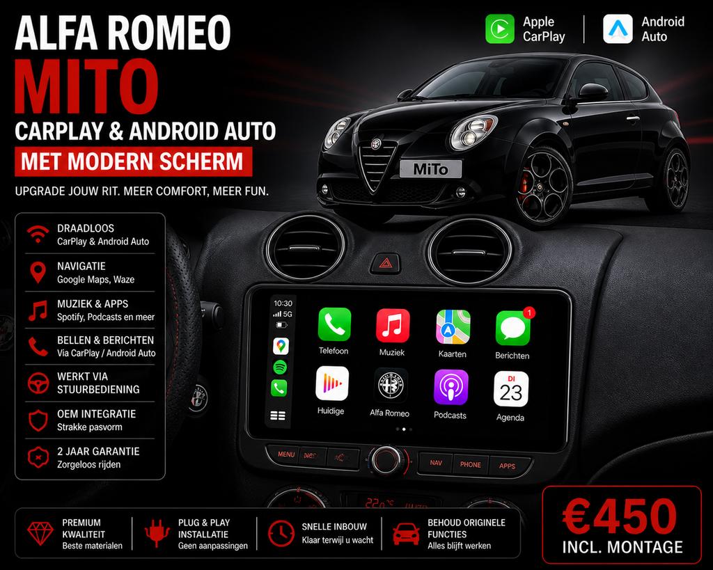 Alfa Romeo MiTo CarPlay Android Auto Scherm | Inbouw €450, Ophalen, Nieuw
