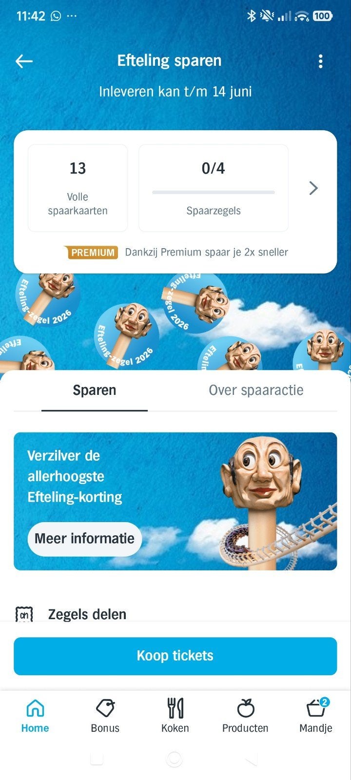AH Efteling spaarkaarten 5st., Tickets en Kaartjes, Recreatie | Pretparken en Attractieparken, Drie personen of meer, Kortingskaart