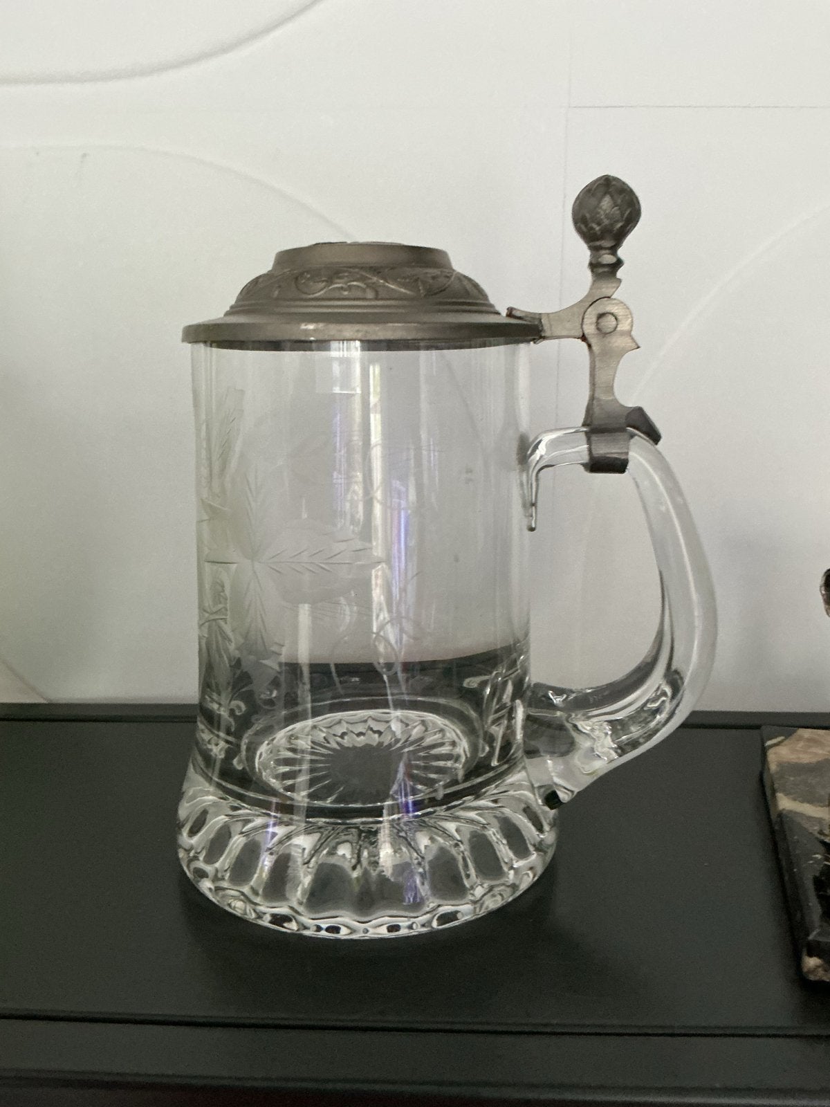 Antieke Glazen Bierpul met Tin Deksel - Gegraveerd, Antiek en Kunst, Ophalen of Verzenden