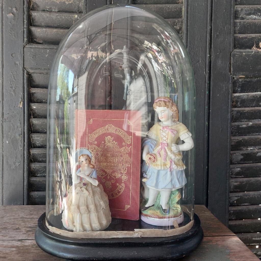 Mooie brocante ovale glazen stolp, binnenmaat 35x24x14 cm, Ophalen of Verzenden