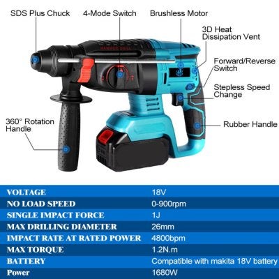 Foto 4 van Boor Hamer PROF 800W SDS 26MM past op Makita Accu 18V LXT