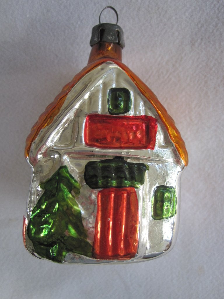 ( 30) Antiek vintage oude kerstbal: Huisje met 3 kerstbomen, Diversen, Ophalen of Verzenden, Gebruikt