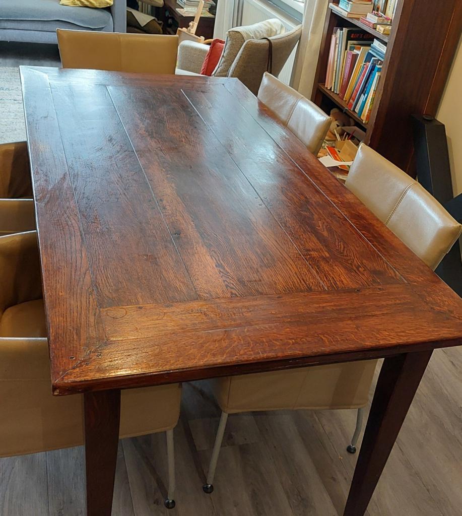 Massief houten teak eettafel met 2 laatjes, rood/bruin, Gebruikt, Vijf personen of meer, 150 tot 200 cm, Rechthoekig