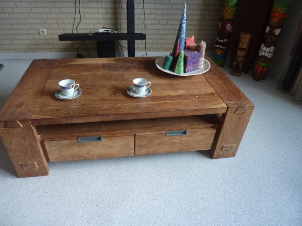 Robuuste, massieve teakhouten salontafelkist., Huis en Inrichting, Ophalen, Gebruikt, 100 tot 150 cm, Teakhout