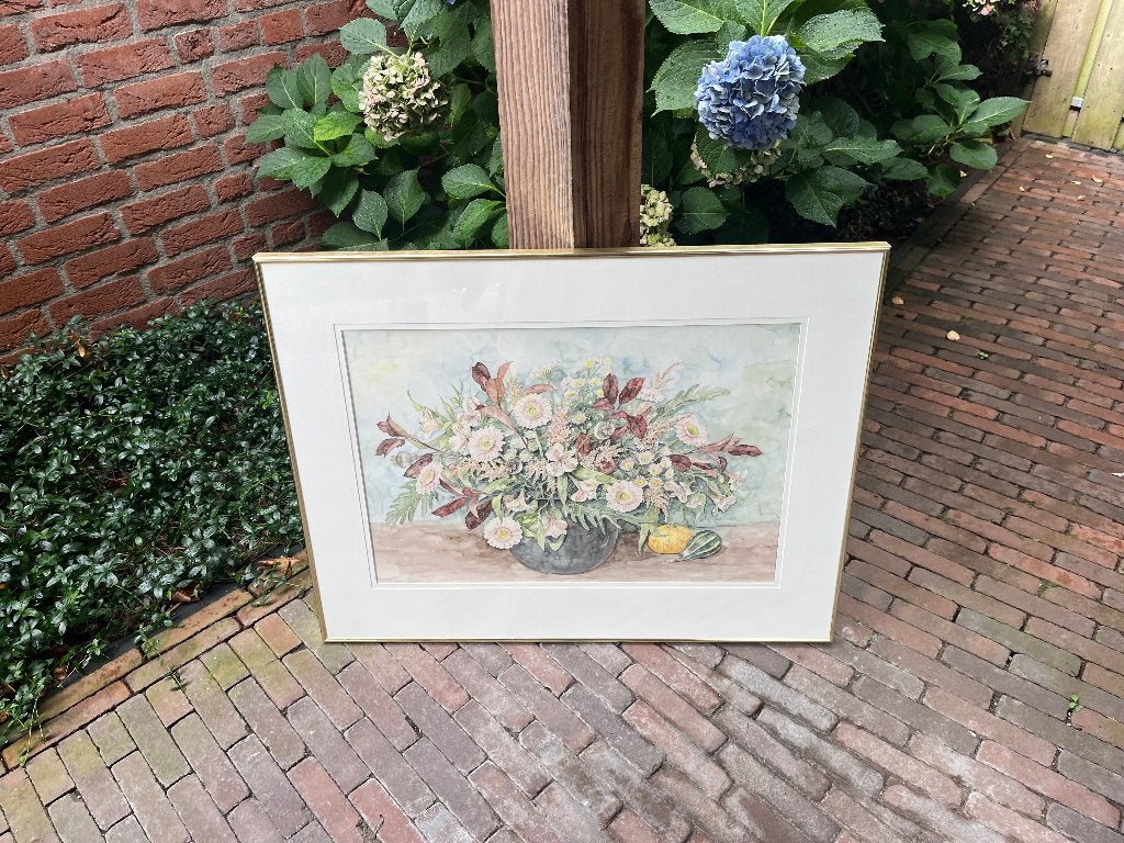 Aquarel schilderij van Annemie Bussers - Bloemenstilleven, Gebruikt, Meerkleurig, Ophalen of Verzenden, Klassiek