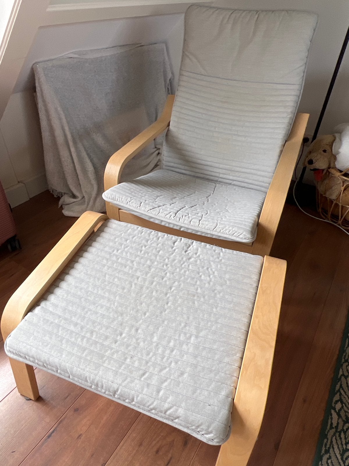 Ikea Poäng fauteuil met voetenbank - lichtgrijs, Ophalen, Gebruikt, Hout, Eén