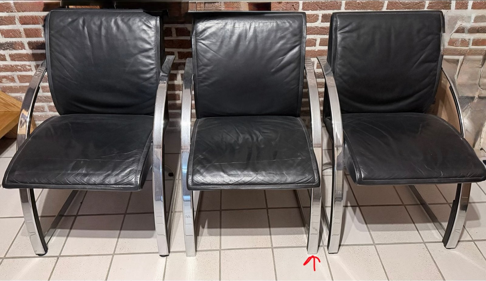 Set van 3 Vintage Design Stoelen – Zwart Leer & Chroom, Ophalen, Gebruikt, Drie, Zwart