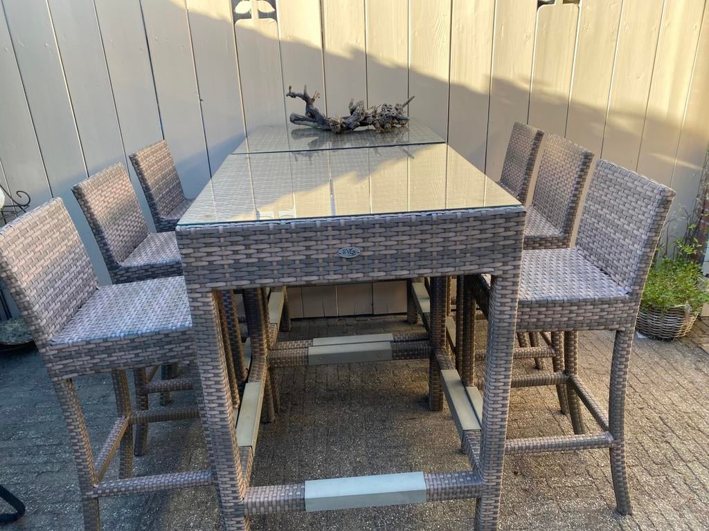 2 hoge tuintafels en 6 stoelen, Ophalen, Gebruikt, Kunststof