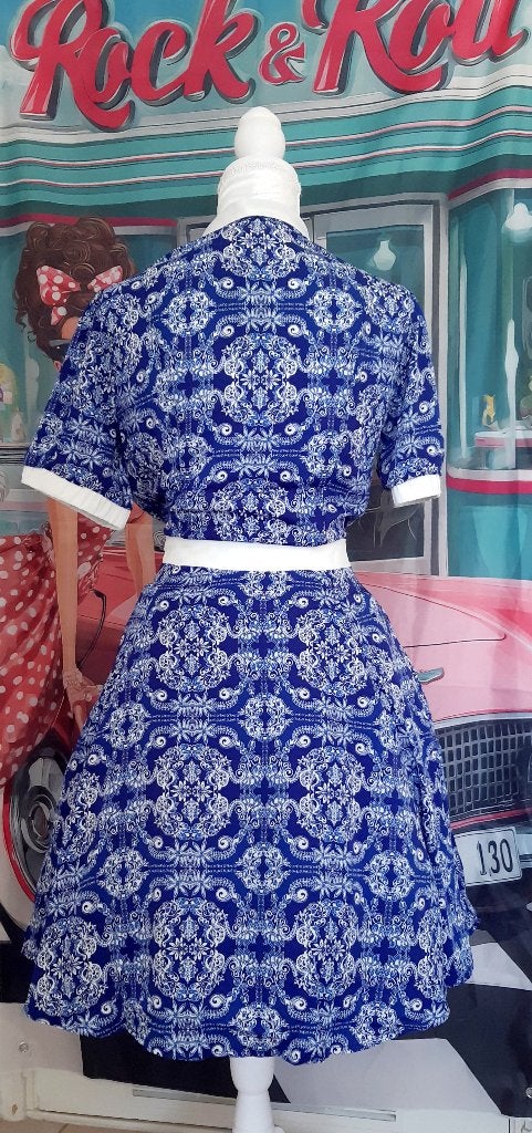 Vintage fifty's  dress delfts blauw nieuw, Maat 42/44 (L), Nieuw, Verzenden, Blauw