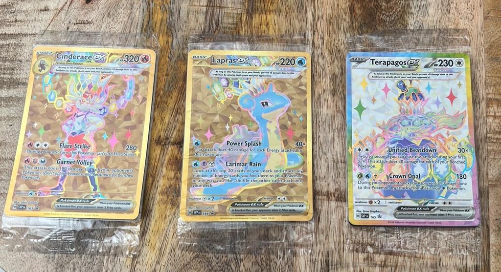 Pokémon Kaarten: Cinderace, Lapras & Terapagos EX promo, Ophalen of Verzenden, Zo goed als nieuw, Meerdere kaarten, Foil