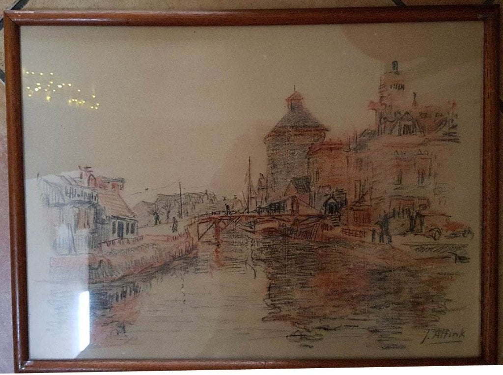 Jan Altink(1885)Tekening "Gezicht Groning Winschoterdiep"Ges, Antiek en Kunst, Kunst | Schilderijen | Modern, Landschap, Ingelijst