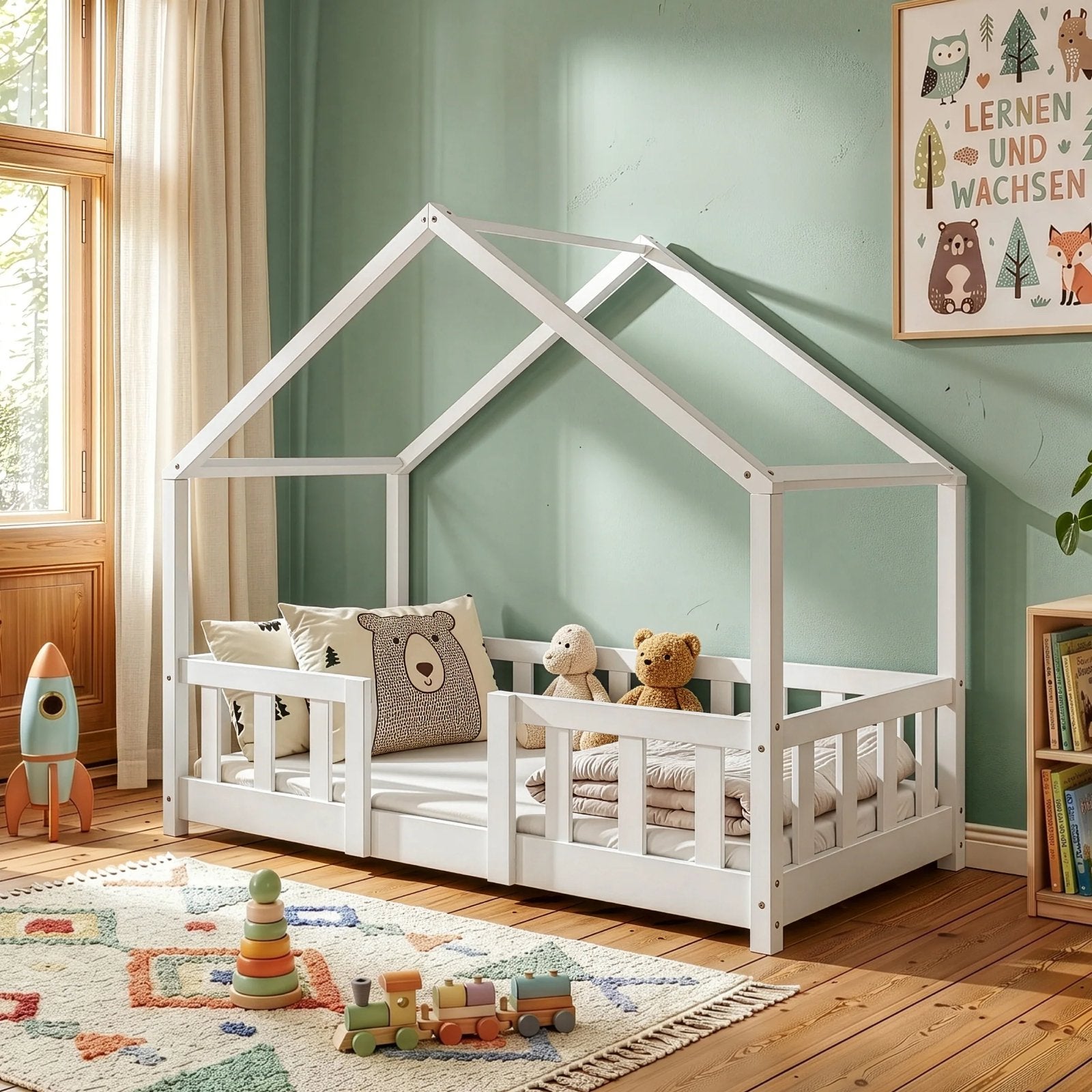 Wit peuterbed 140 x 70 cm met huisframe, Ophalen, 70 tot 85 cm, Zo goed als nieuw, Lattenbodem