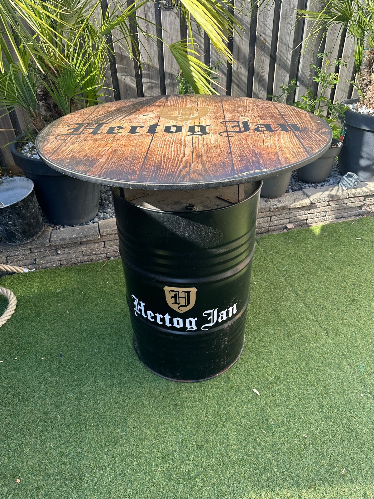 Hertog Jan biertafel - Stevige statafel van olievat, Ophalen of Verzenden, Gebruikt, Rond, Hout