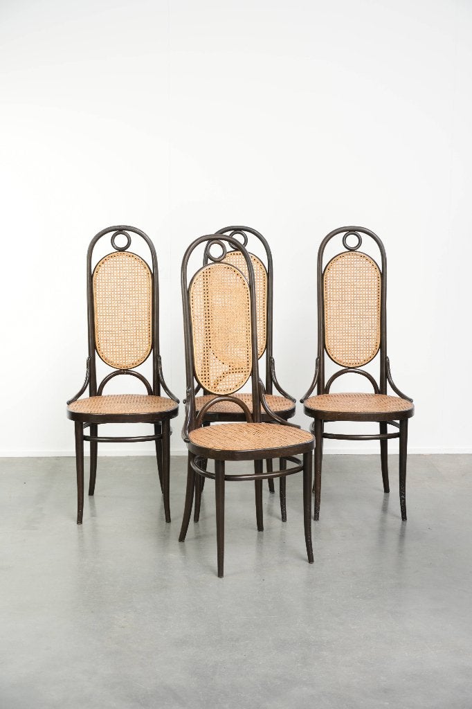 4 x Originele Thonet design webbing stoel model Long John, Huis en Inrichting, Stoelen, Ophalen, Gebruikt, Bruin, .