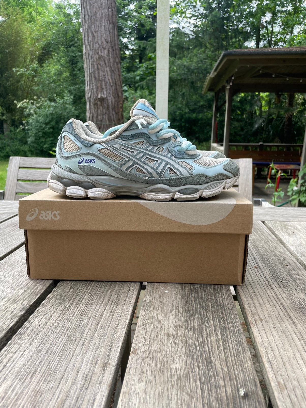 Asics Gel nyc Cream Artic Sky Double Laced maat 40,5, Blauw, Ophalen of Verzenden, Sneakers of Gympen, Zo goed als nieuw